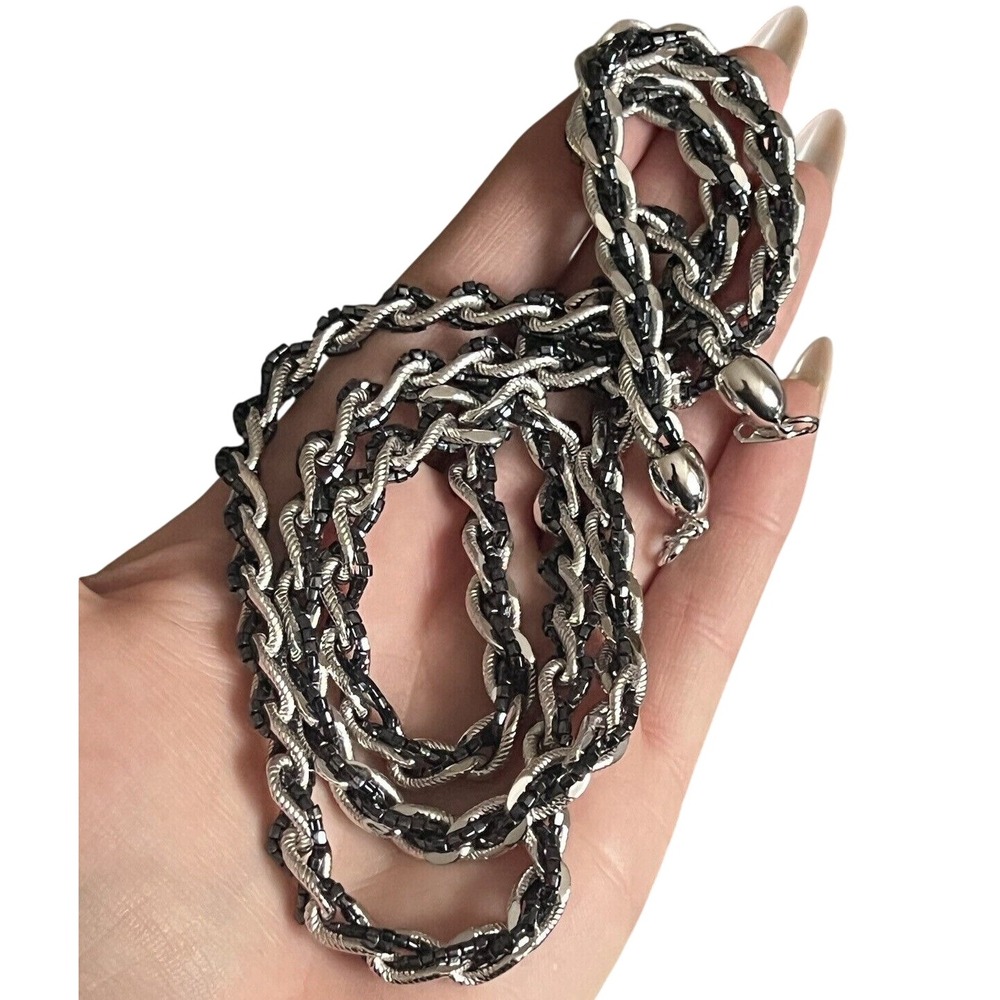 Crown‎ Trifari Necklace VTG Signed Silver Tone Metal Chain Glass Beaded Braided